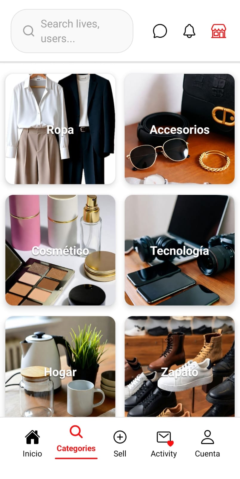 Pantalla Categories de Otti Live